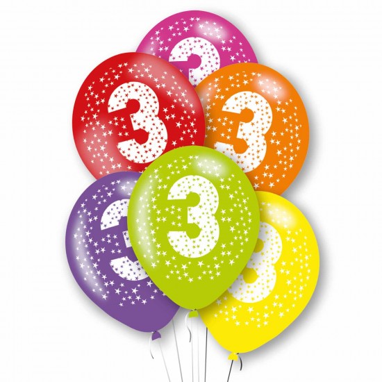 Age 3 Primary Mix Latex Balloons 11"/27.5cm - 10 PKG/6